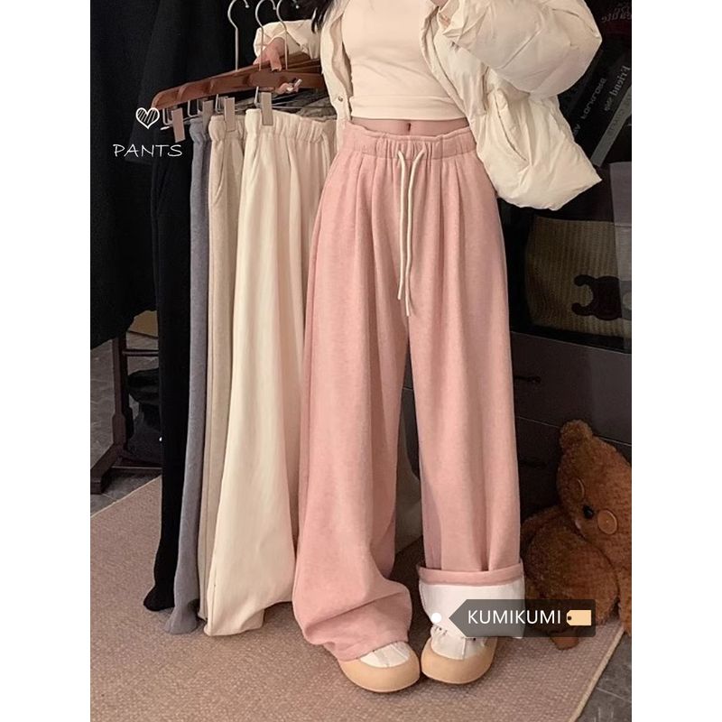 Pink Velvet Pants Warm Casual Pants Loose Pants Women's Clothing Fall High Waist Thick Straight-Leg Pants Mop Pants Pants