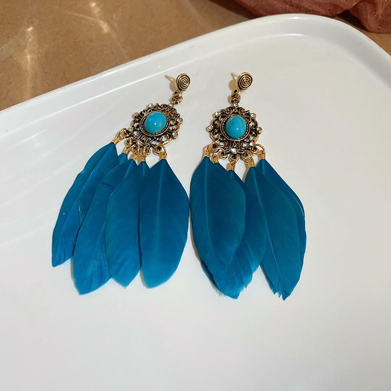 Bohemian Feather Seed Bead Tassel Earrings - Retro Ethnic Dangle Jewelry