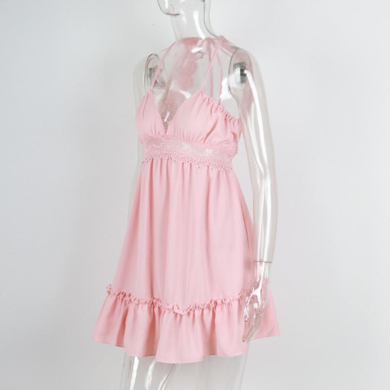 Solid Color Women's Sexy Backless Halter Waist Lace Dresses