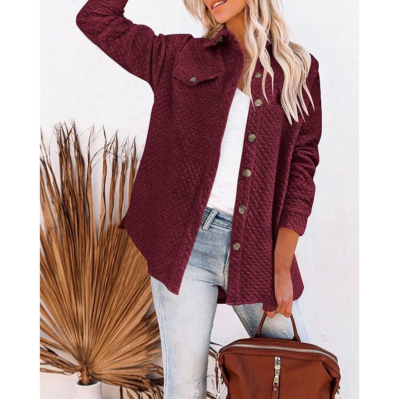 Womens Solid Color Diamond Pocket Casual Buttoned Collared Jacket