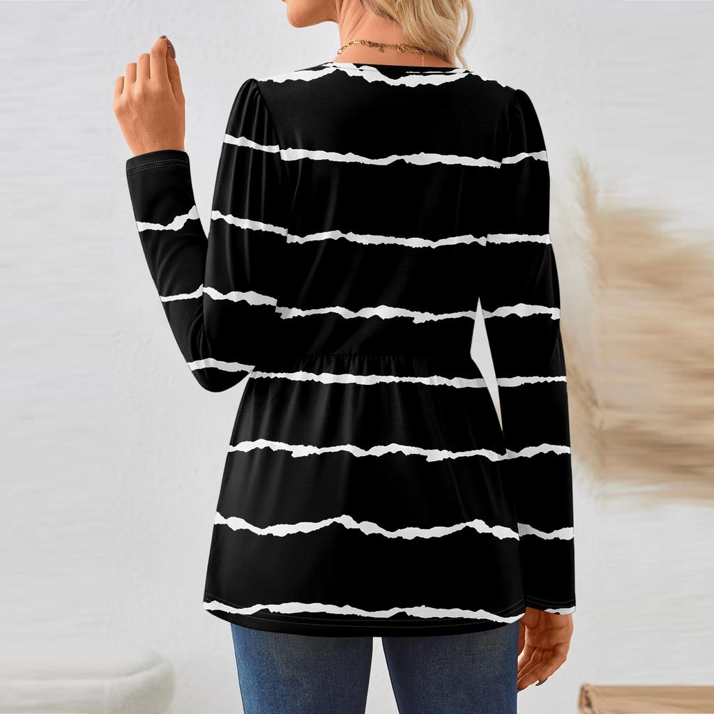 Women's Casual Fashion Long Sleeve Shirt Striped Tunic Top
