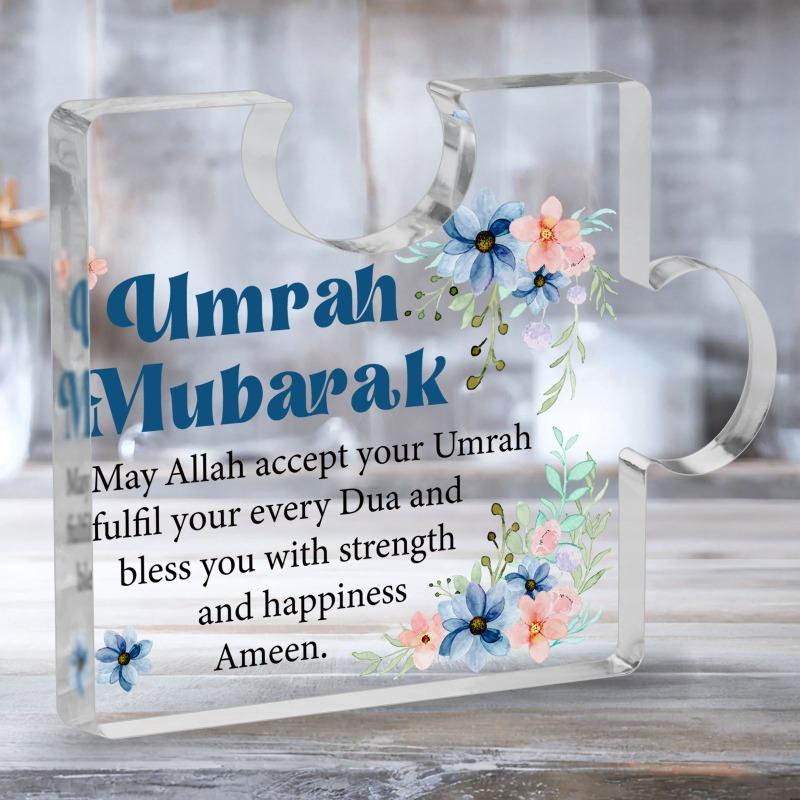 2D Flat "Umrah Mubarak" Acrylic Desk Decor Plaque, Floral Design, Suitable for Wall Decoration, Porch, Room, Villa, Accents Home, Hallway, or Workplac