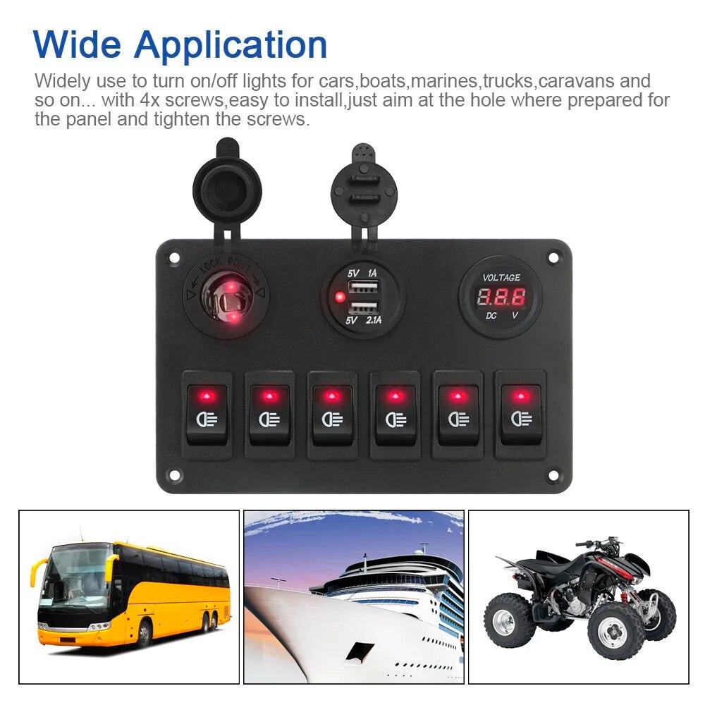 12V 6 Button Switch Panel USB Chargers Car Light Toggle 24V Truck Power Adapter Accessories For Marine Boat Trailer RV Caravan