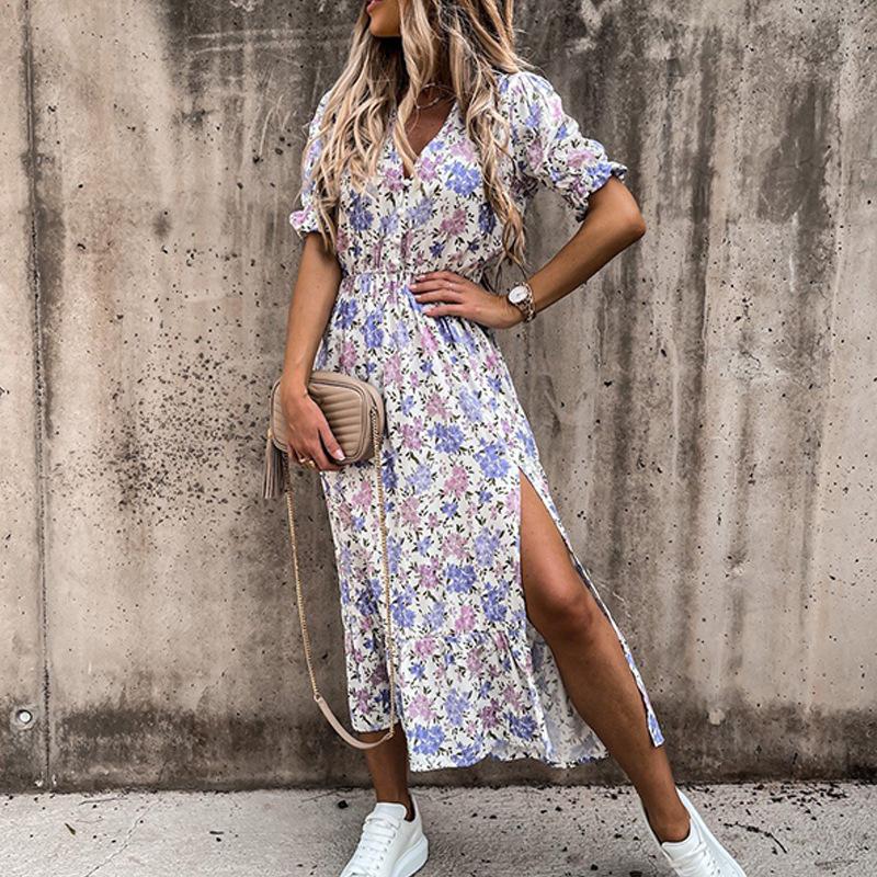 Spring and Summer Printed Short-sleeved V-neck Cinched Waist Slit Dress for Women