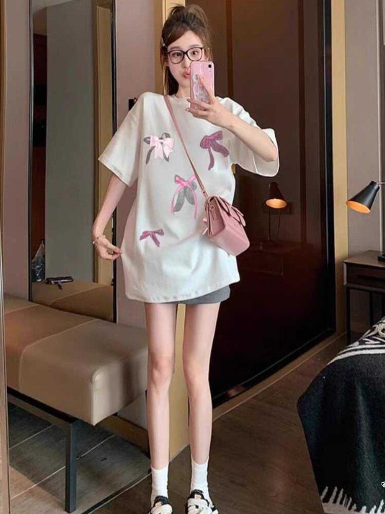 Plus Size Korean Cotton Bow Print Short Sleeve T-shirt for Women - Sweet, Loose, Versatile Slimming Summer Top