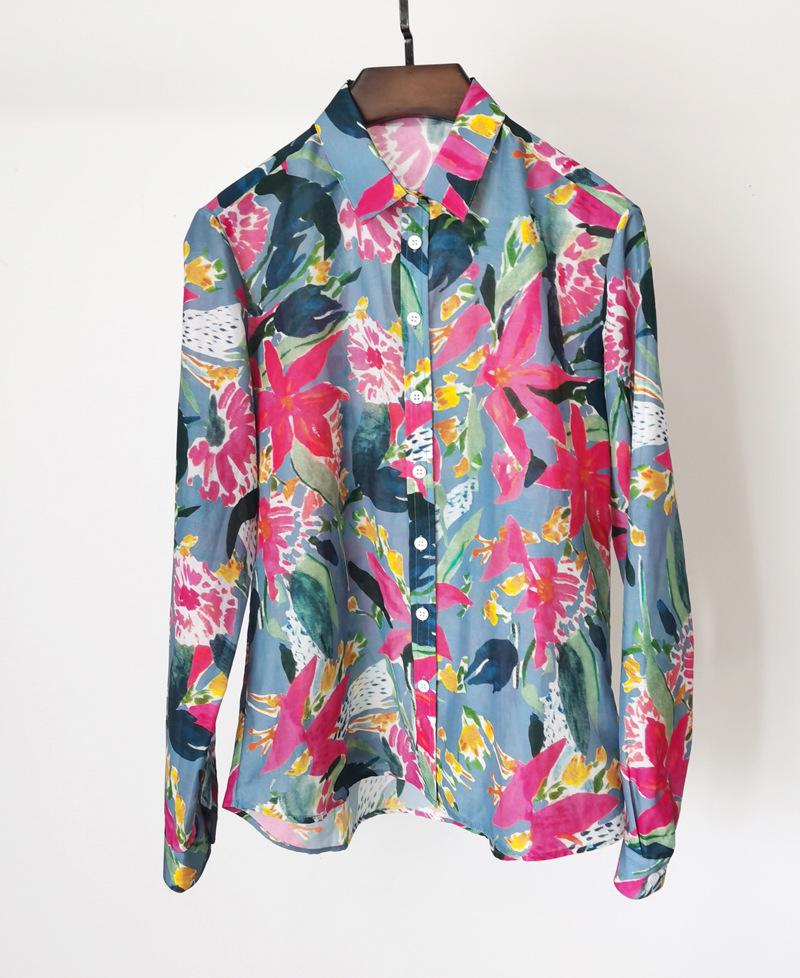 Clearance Women's French Art Print Silk-Cotton Button-Down Long Sleeve Shirt - Medium