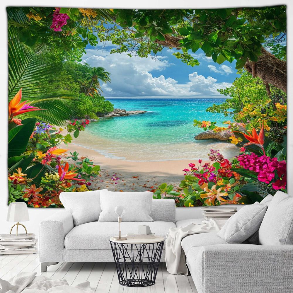 Seaside Beach Tapestry Island Coconut Tree Sunbed Hawaii Ocean Landscape Fabric Home Living Room Garden Decoration Wall Hanging