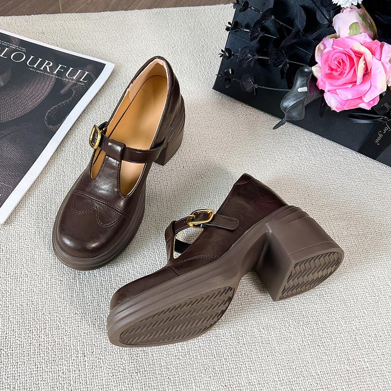 Thick sole heightening black round head Mary Jane women's shoes new thick heel retro single shoes versatile small leather shoes