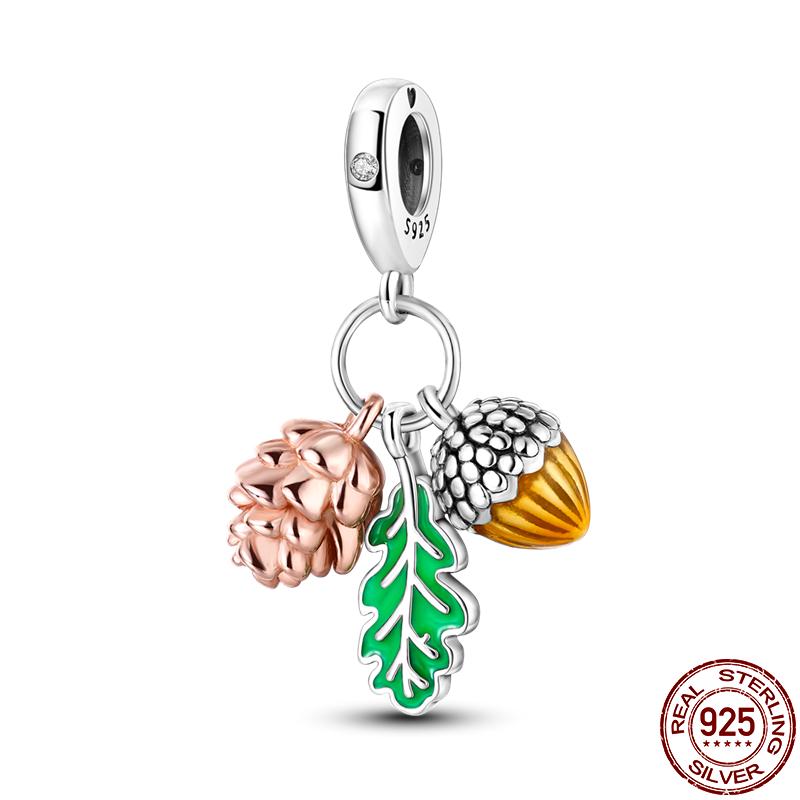100% Real Copper Autumn Maple Squirrel Charms Fit Original Pan Bracelet For Women Birthday Fine Jewelry Gift