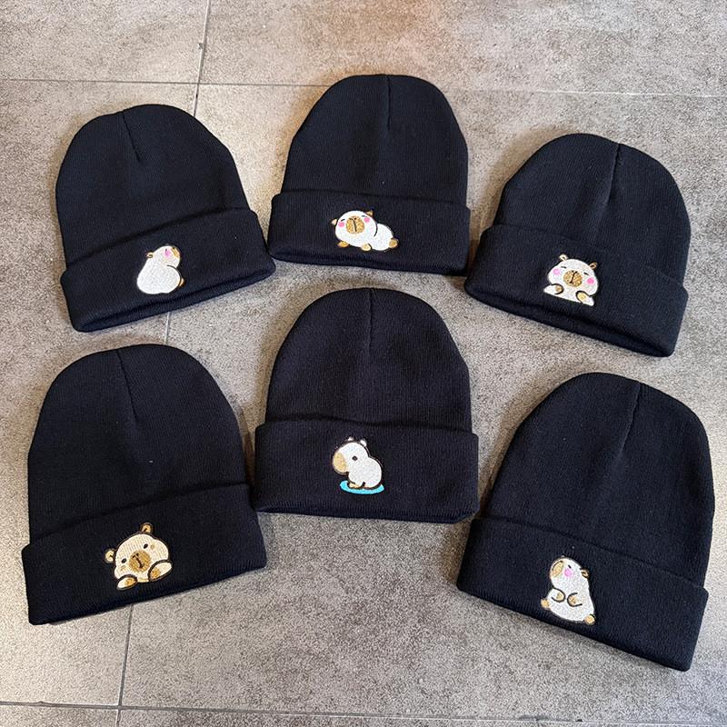 Fashion Knitted Hat With Capybara Embroidery Design Suitable For Daily Use