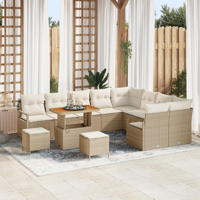 VidaXL Ensemble de canapé de jardin 12 pcs Beige Poly rotin, Salon d'extérieur rectangulaire, modulable pour jardin 3362566