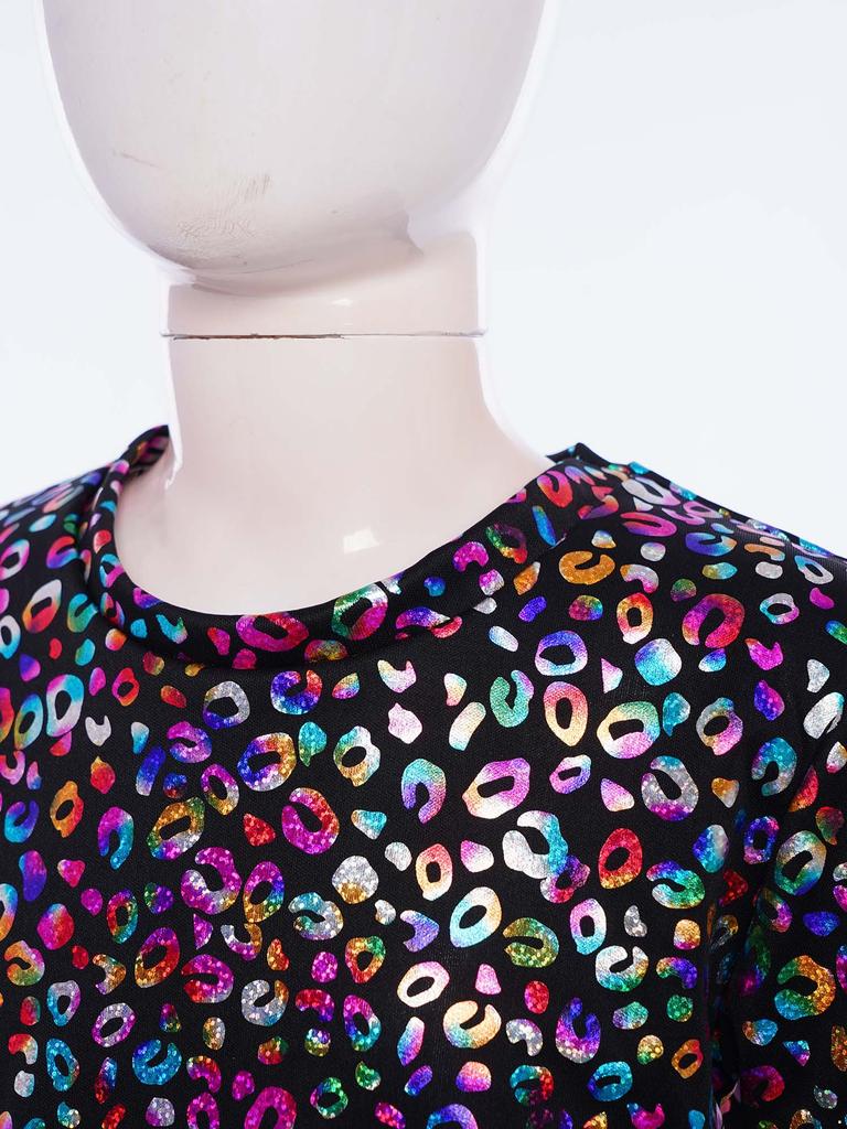 Girls Metallic Leopard Print T-Shirt Crop Top Short Sleeve Round Neck Cheerleading Costume