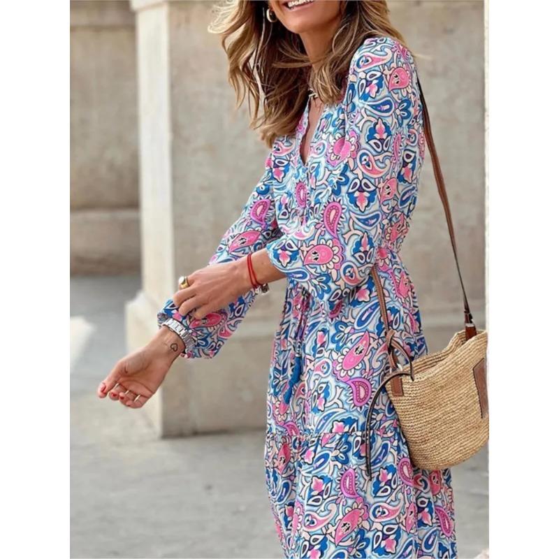 Women's Autumn New Fashionable Printed Sexy V-neck Long Sleeve High Waist Elastic Waist Medium Length Bohemian Dress