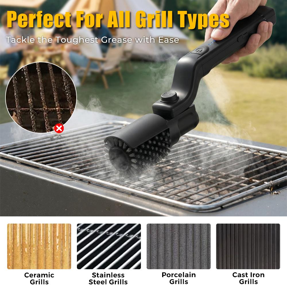 Kabelloser Elektrischer BBQ-Grillreiniger Bürste 180° Drehbar Edelstahlborsten mit Handschuhen Outdoor BBQ Reinigungsbürste für Grills