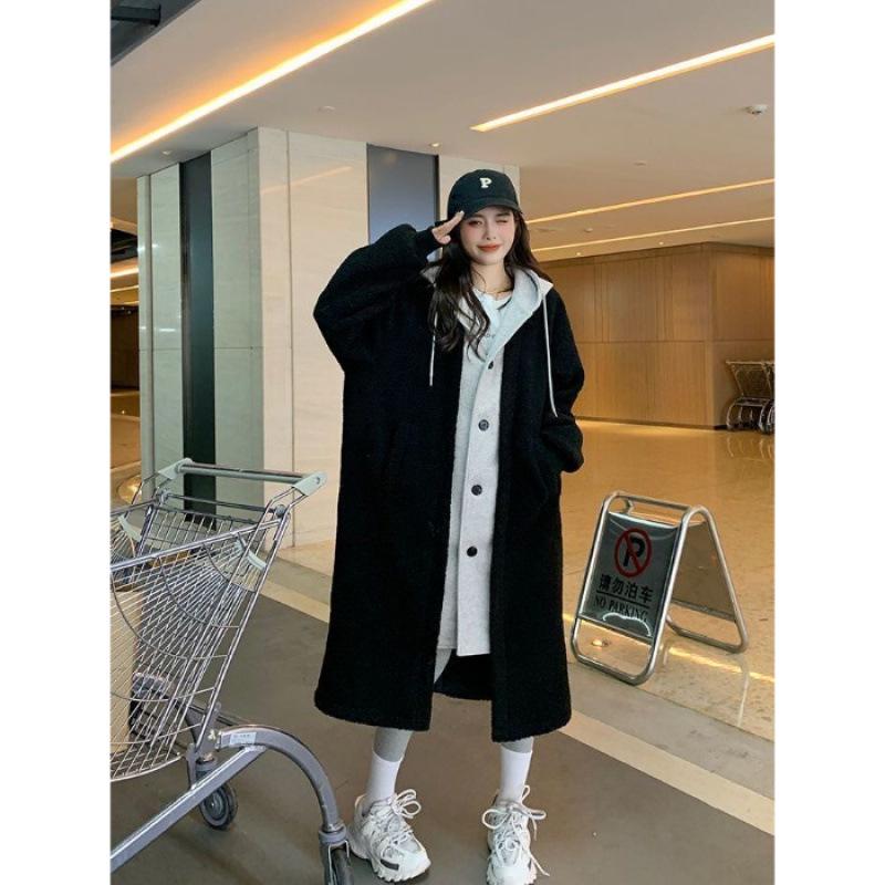 Chic Korean 2025 Autumn/Winter Long Hooded Lambswool Skirt Jacket