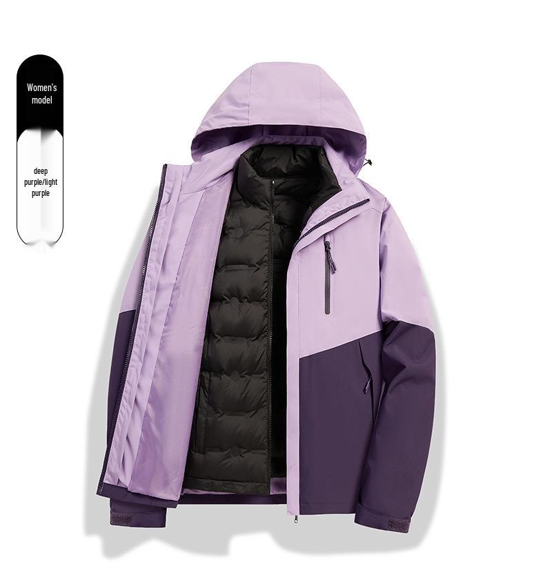 Unisex Color Block 3-in-1 Hooded Windproof Jacket with Detachable Down Liner