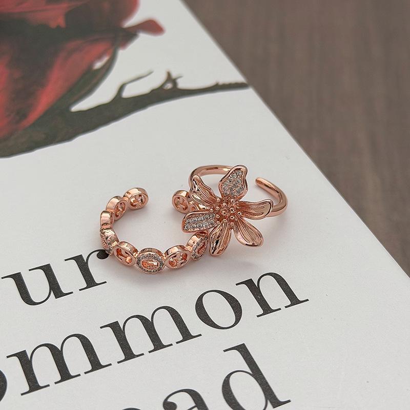 Rose Gold Light Luxury Flower Open Ring Pink Diamond Zircon Double G Temperament Exquisite Stacked Ring Woman