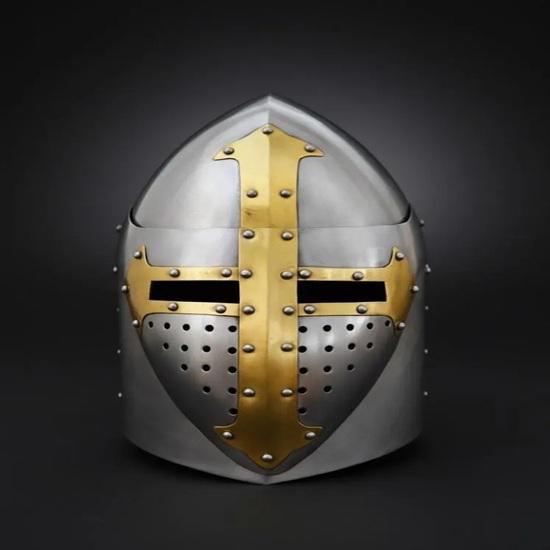 Crusader Knight Great Helmet with Brass Cross, 18 Gauge Steel Medieval Templar Helmet for LARP, SCA, Reenactment Gift