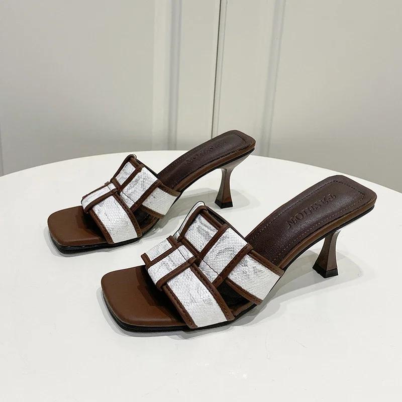 2024 New Brand Summer High Heel Women Slippers Fashion Square Toe Slip On Slides Ladies Elegant Party Dress Sandalias