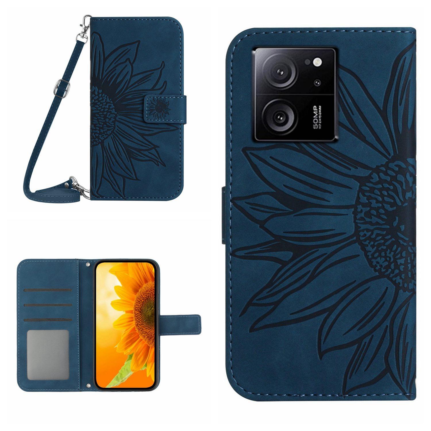 

HT04 For Xiaomi 13T/13T Pro Cover Leather Wallet Imprinted Phone Case with Shoulder Strap Dark Blue