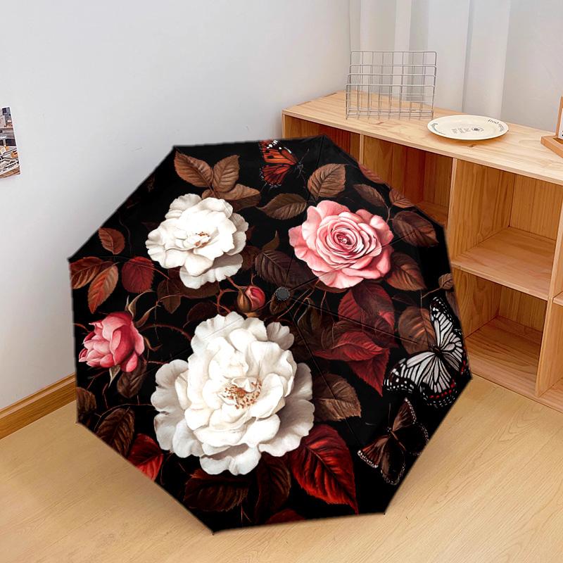 1 PC Automatic Folding Umbrella - Roses and Butterflies Pattern, Portable & Foldable Design with 8 Ribs, Christmas Birthday Gifts
