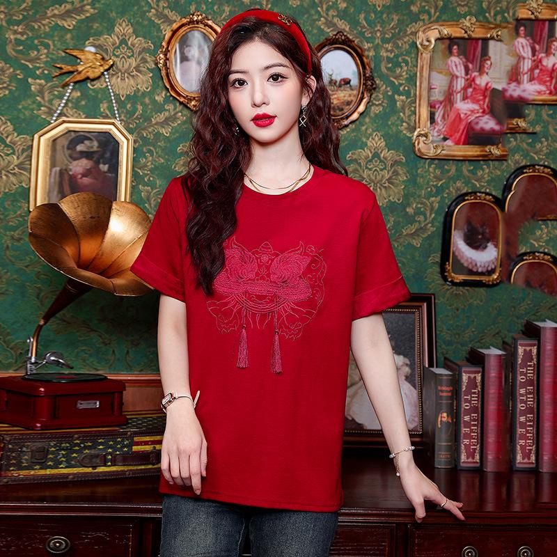 

Women s 2025 Summer National Style Embroidered Slim-Fit Short Sleeve Shirt Medium червоний
