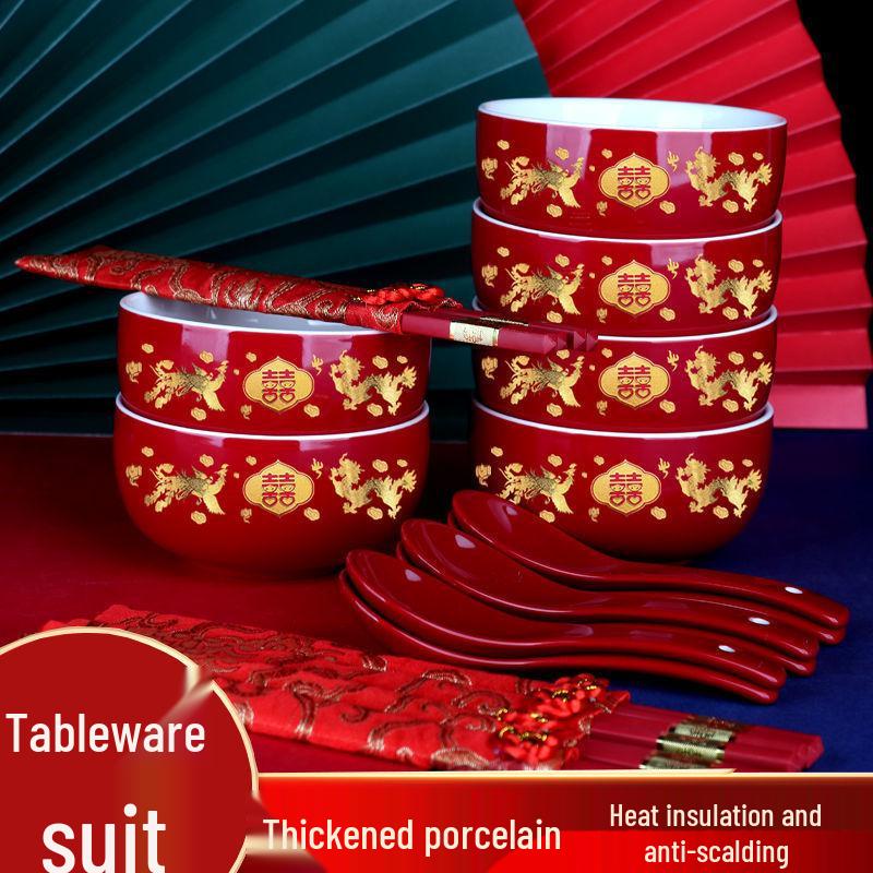 Red Wedding Bowls & Chopsticks Set - Bride's Dowry