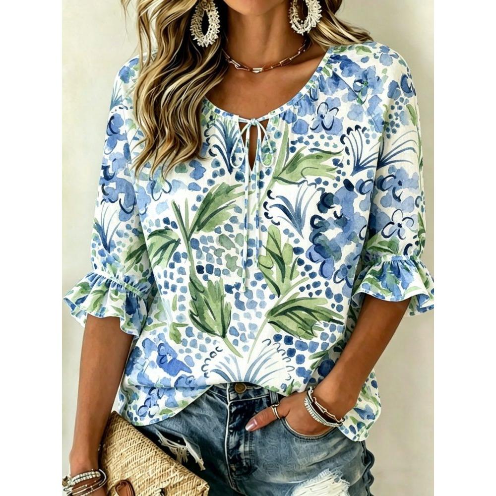 Women's Ditsy Daisy Floral Print Tie Neck Blouse, Ruffle Half Sleeve Light