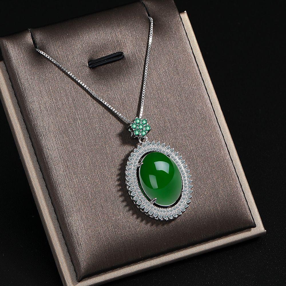 925 Sterling Silver Temperament Retro Round Green Full Diamond Zircon Necklace Wedding Anniversary Anniversary Party Gift