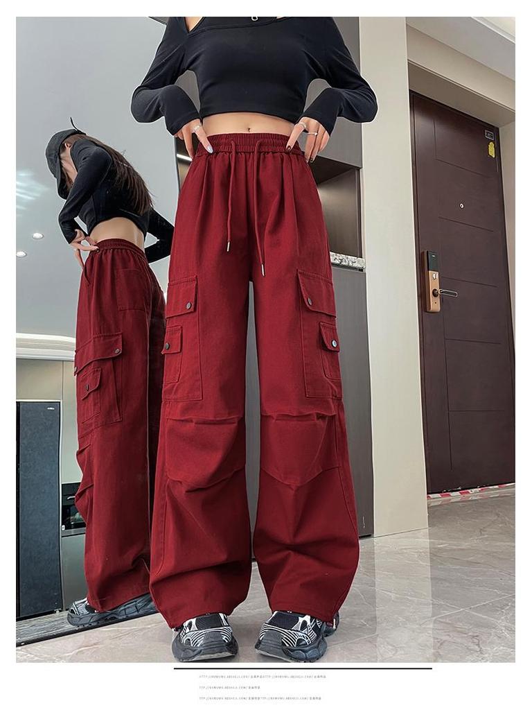 Damen High-Waist Retro Washed Baumwolle Cargohose, Lockeres Gerades Bein, Bodenlang, Aufgeschlagener Weiter Beinabschluss, Frühling Schlankmachender Stil.