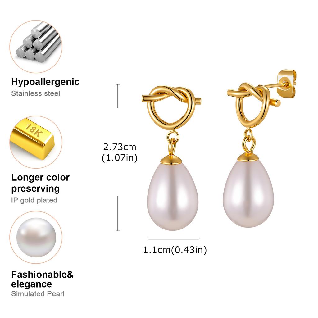 Heart-shaped Knot Water Drop Imitation Pearl Dangle Earrings for Women, Hypoallergenic Stainless Steel Elegant Charm Jewelry
