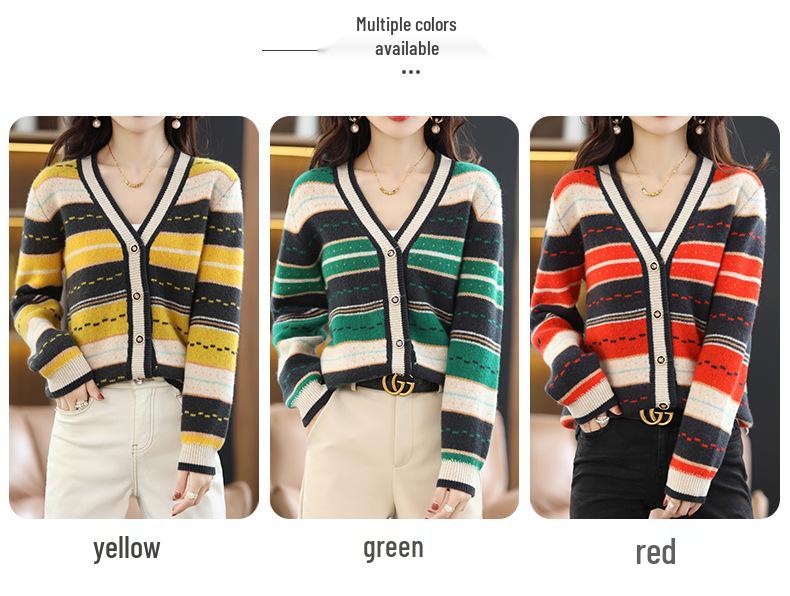 Autumn 2023 Women's V-Neck Color Block Striped Knit Cardigan - Versatile Fashion for Casual Wear