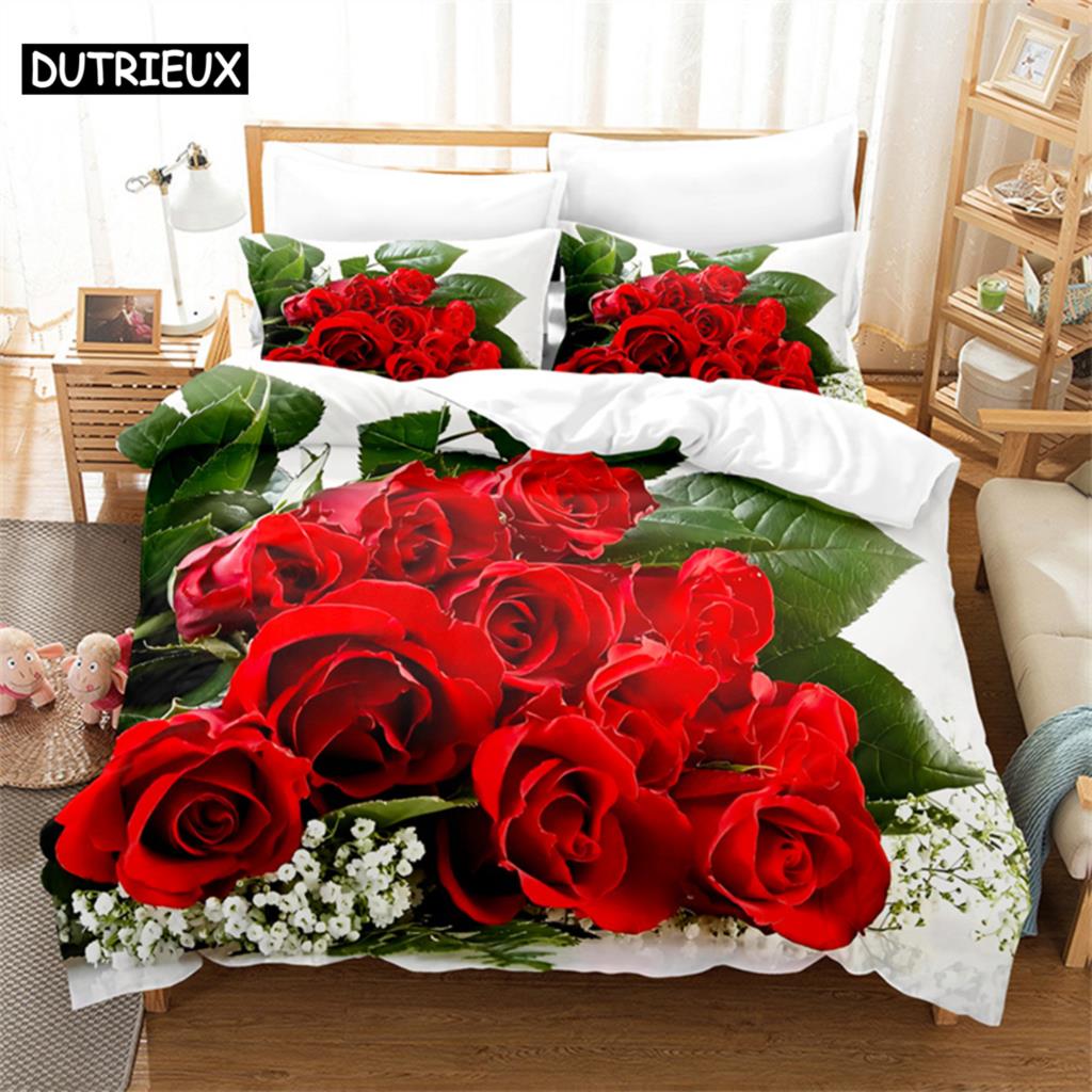 Luxury Red Rose Queen Bedding Set Duvet Cover Set Bedding Comforter Bedding Sets Bed Linen King Size Duvet Cover Bedding Set
