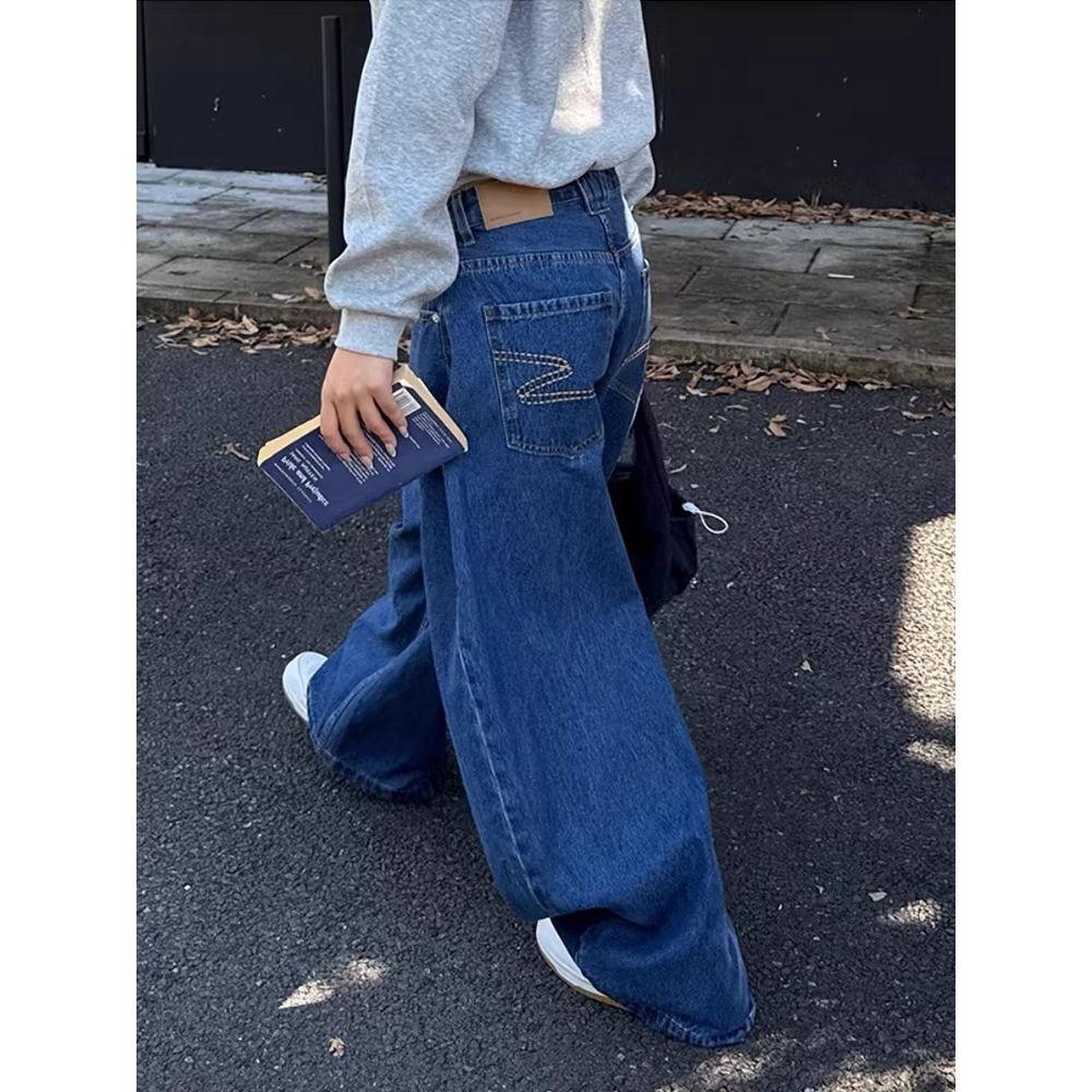 Retro Loose Embroidered Casual Women Jeans Fashion Streetwear Straight Wide Leg Long Pants