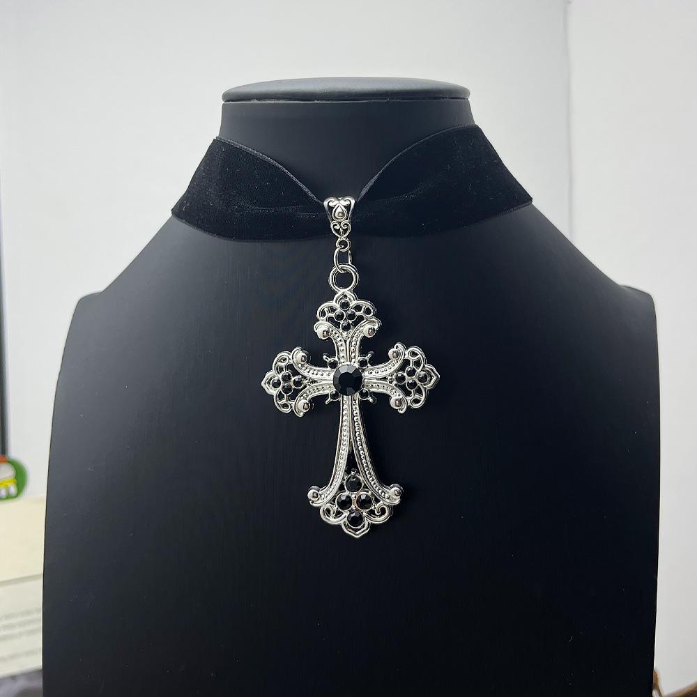 Gothic Velvet Choker with Floral Pattern and Colorful Cross Pendant