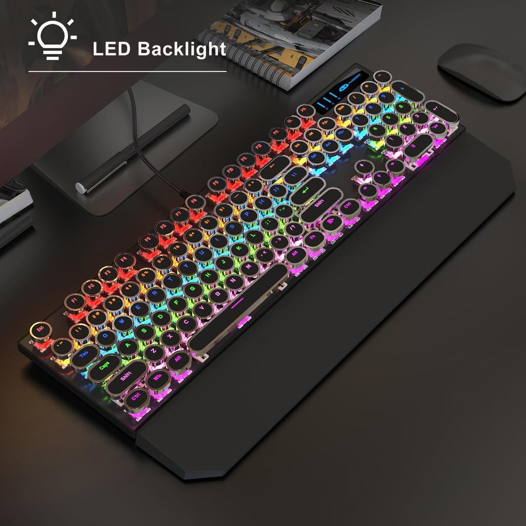 MageGee Typewriter Mechanical Gaming Keyboard, Retro Black Punk Round Keycaps, RGB Rainbow Backlit Wired Keyboard for Laptop, Mac, PC, and Gamers