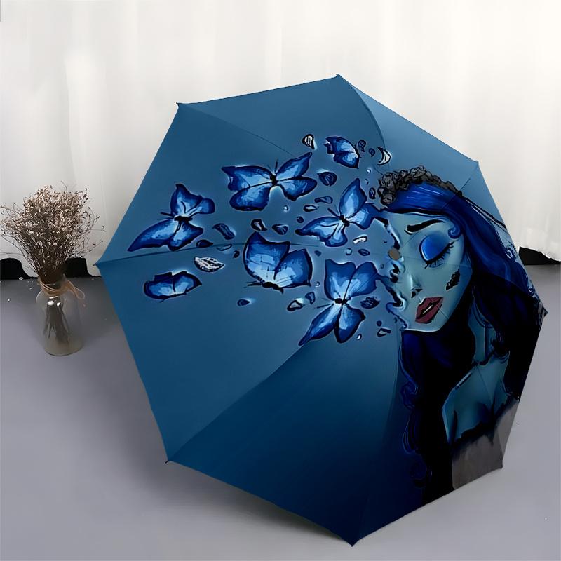 Corpse Bride Blue Butterfly Rain Umbrella: Automatic Opening & Closing, Foldable Design, Outdoor Use, Suitable for Fans and Travelers0140b