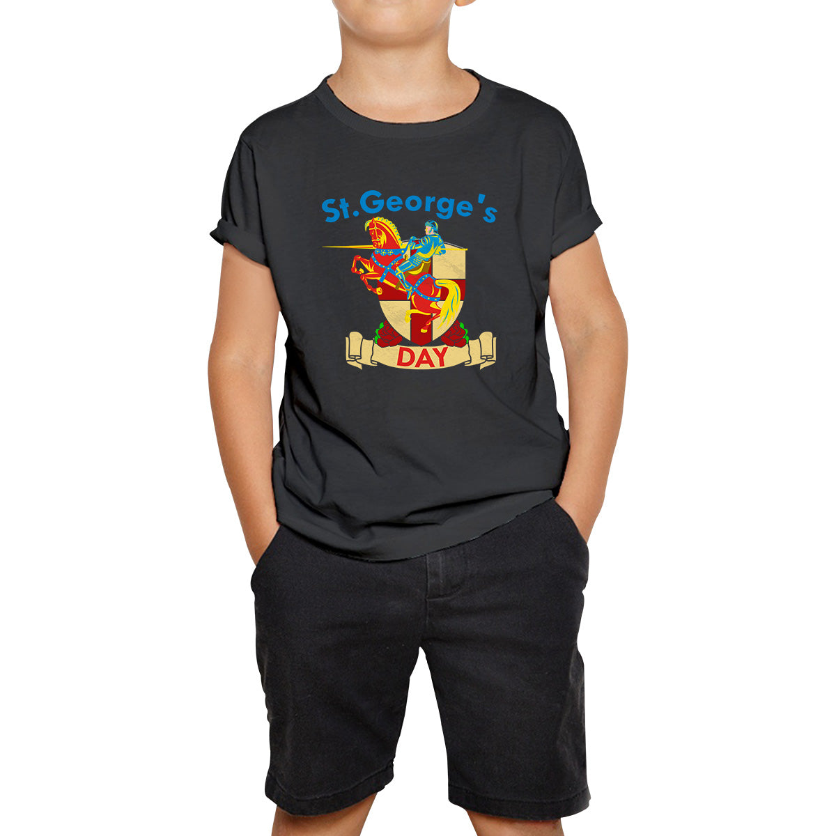 St George s Day England Red Flag Shield Knight Templar Riding His Rearing Horse London Saint George Day Warrior Fighter Patriotic Kids T Shirt 110