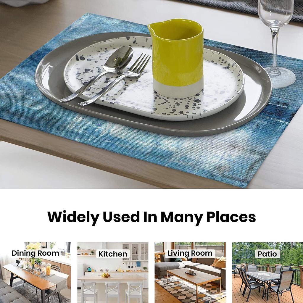Sorfbliss Modern Art Placemats Set of 4 Blue and Grey Abstract Painting Place Mats for Dining Table Home Party Decor 18x12 Inch