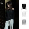 Black & White Slogan Embroidered Off-Shoulder Top - Women's Designer Autumn/Winter Long Sleeve T-Shirt.