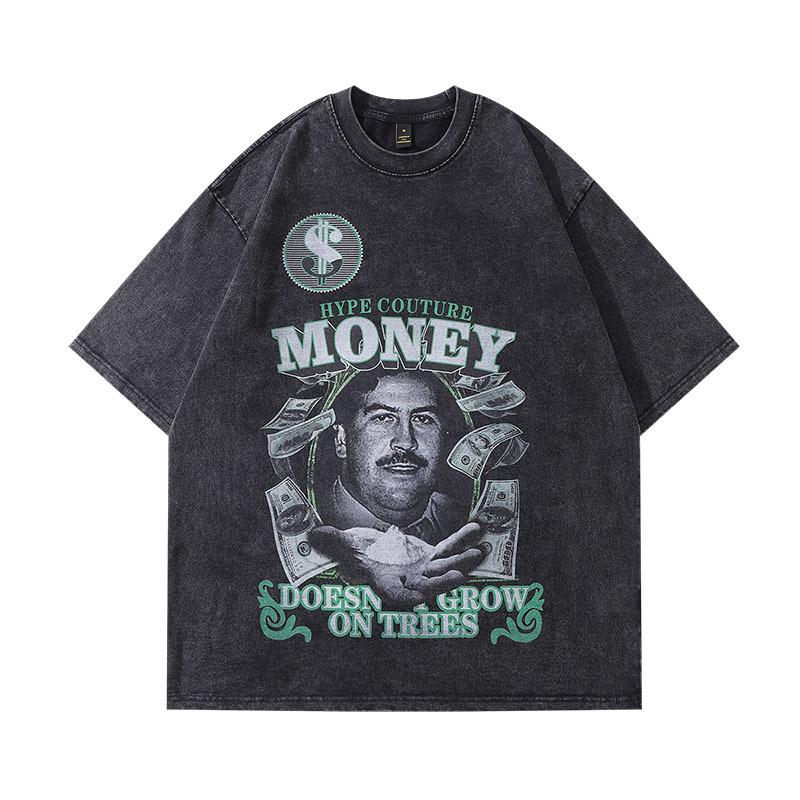 American High Street High Quality Direct Injection Doberman Print Hiphop Washed Old Retro Short Sleeve T-Shirt Men S