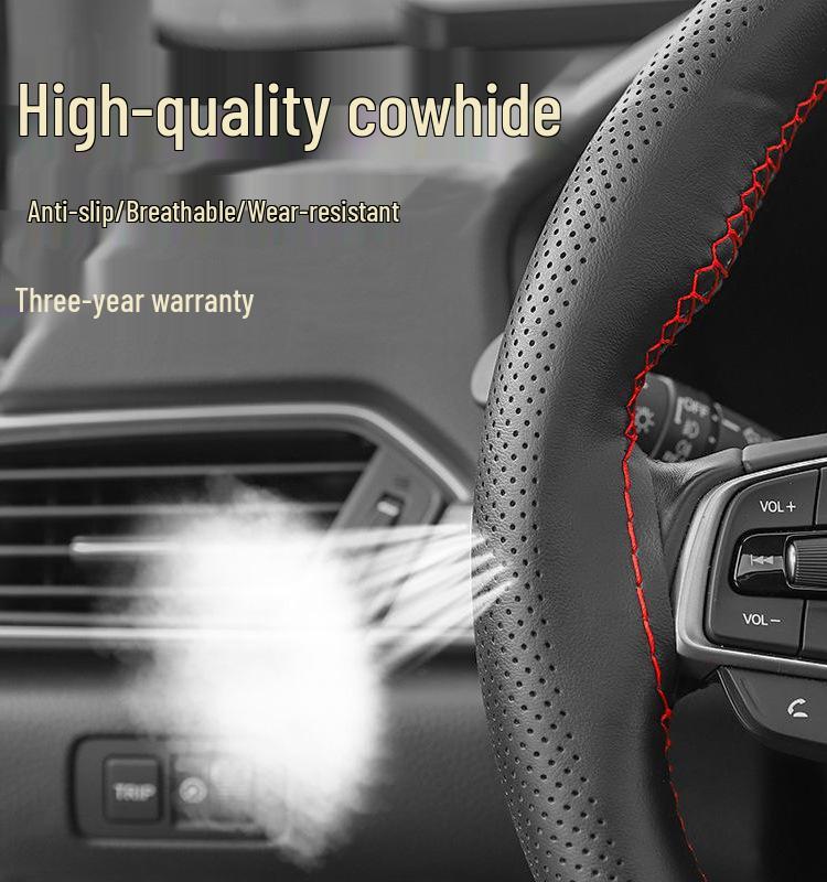 Universal Genuine Leather Steering Wheel Cover, Hand-Stitched, Breathable, All-Season, Fits All Vehicles