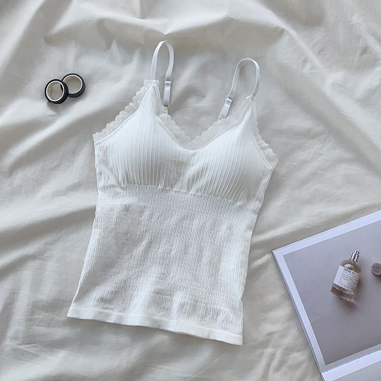 

Жилет-камисоль для женщин, носится летом снаружи и внутри, студенческая футболка без рукавов, кружевной облегающий топ с V-образным вырезом One size