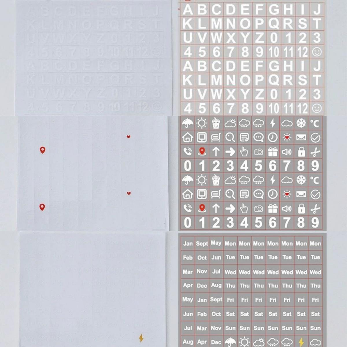 

3 листа наклеек с буквами и цифрами, наклейки с названиями месяцев, недель, погоды, наклейки-индексы для украшения коллажей в журнале или дневнике белый