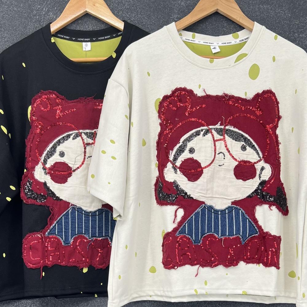 Oversized Cartoon Embroidered Short-sleeved T-shirt for Women's Summer Casual Loose Half-sleeved Top with Holes