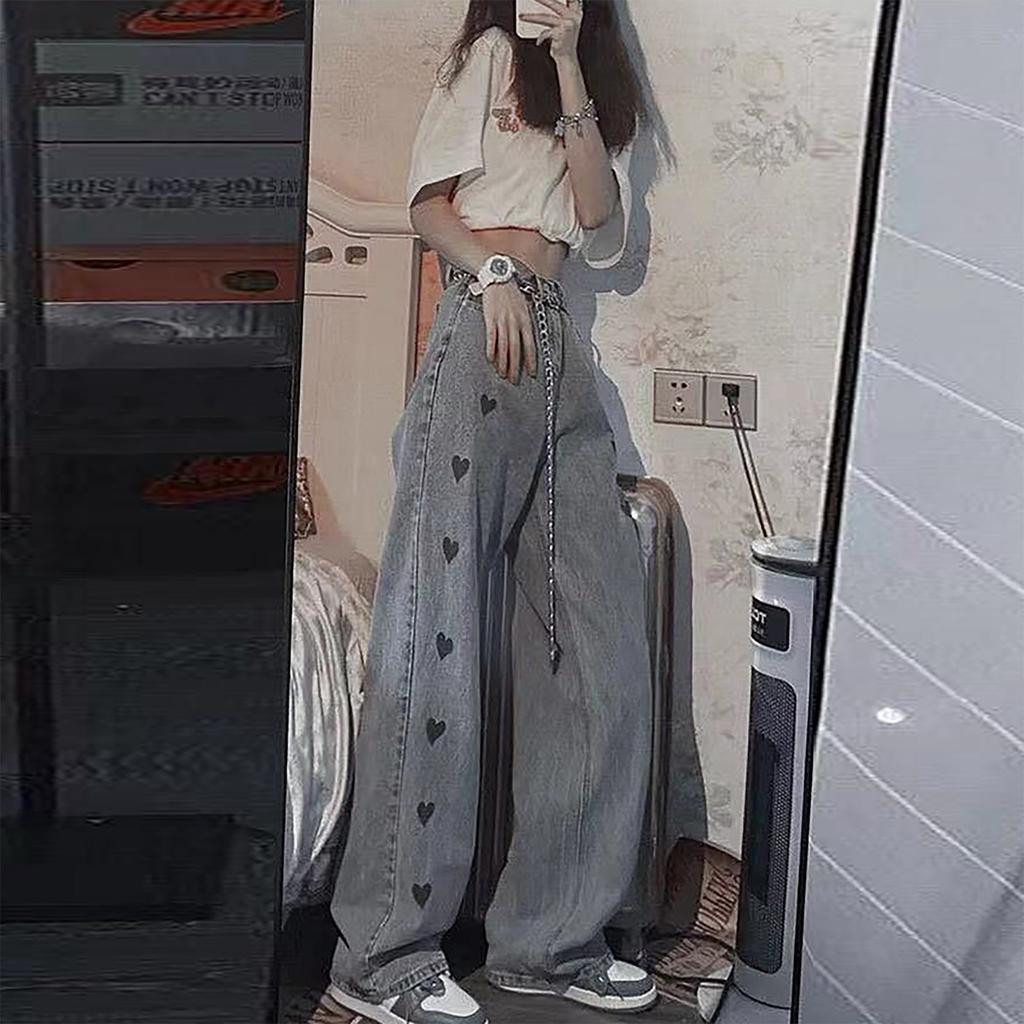 Love Embroidered Jeans For Women In Autumn, Straight, Loose, Versatile, High Waist, Slim, Wide Leg Long Pants For Trendy Women