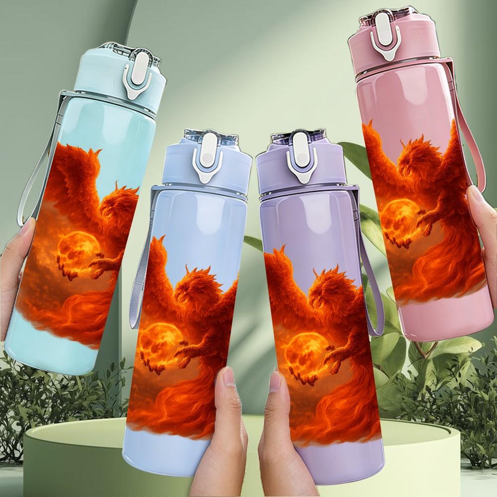 1PC Orange Red Phoenix Bird Wing Print 750ml Color Plastic Sports Water Bottle Leakproof Flip Straw Lid Suitable for Sports Office Home Use