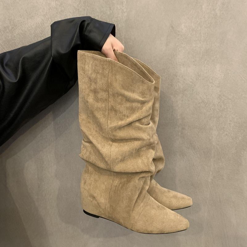 Inner height increase apricot suede pile medium tube knight boots women's shoes 2025 spring, autumn and winter pointed retro long boots