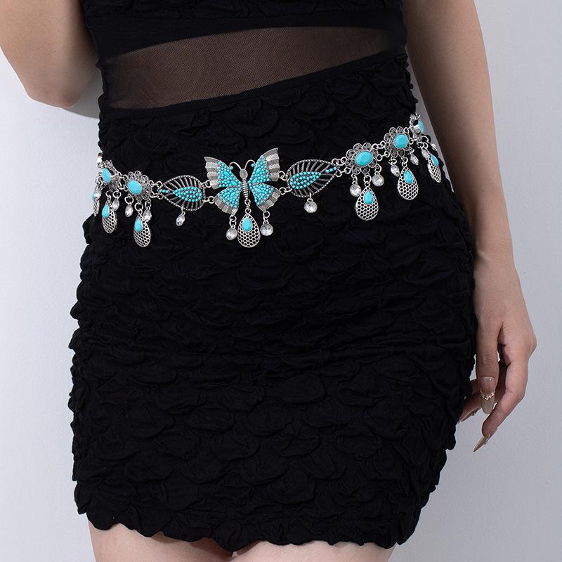 Ethnic Style Metal Retro Coin Waist Chain Women'S Adjustable Dress Waist Seal Love Butterfly Flower Fringed Belt