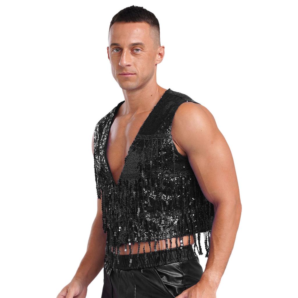 Mens Glitter Sequin Vest Sleeveless Tassel Waistcoat V Neck Open Front Dance Club Festival Partywear